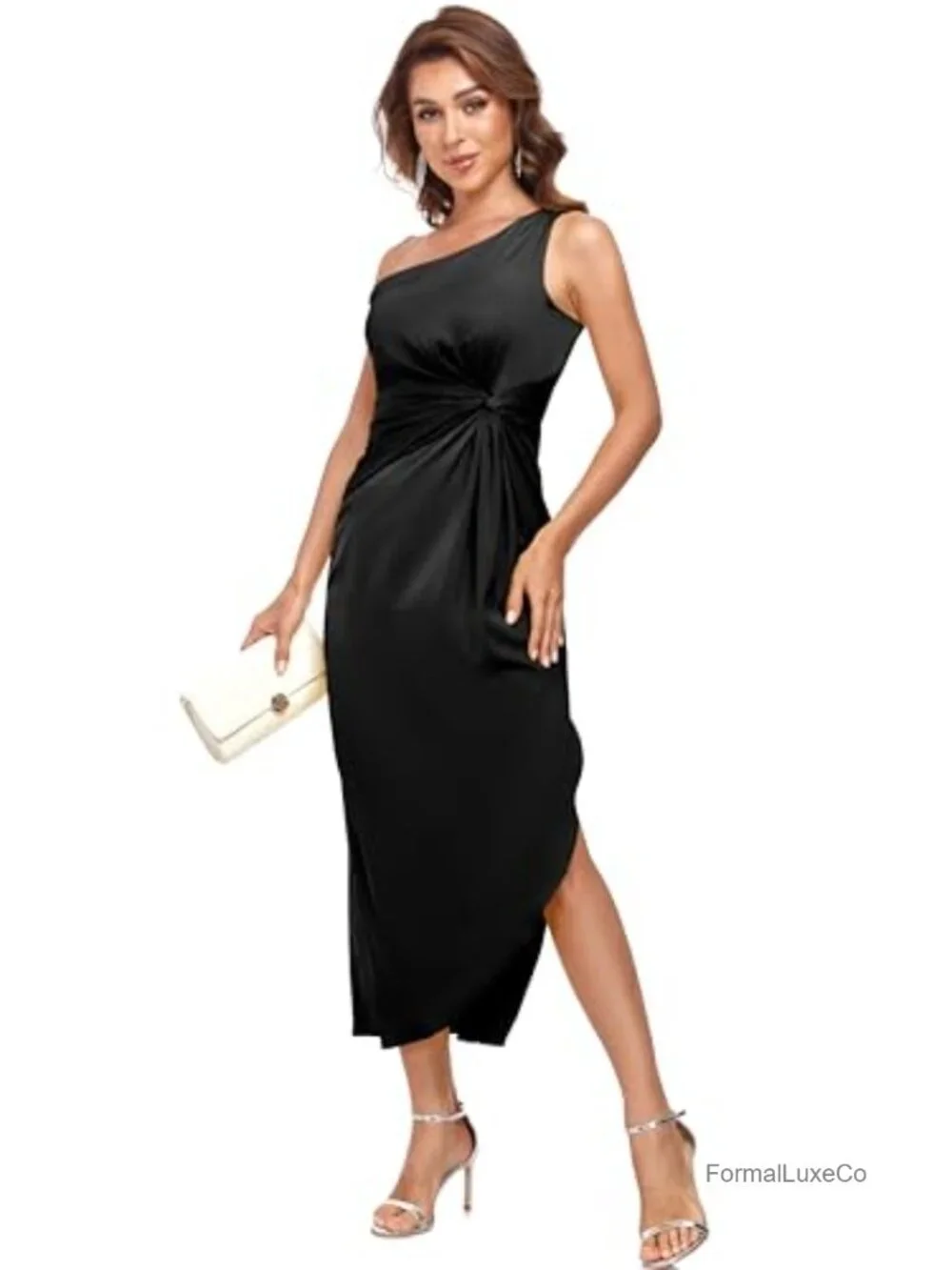 Satin One Shoulder Midi Dress Twist Front Backless Party Cocktail